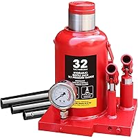 Torin Welded Hydraulic Double Piston Car Bottle Jack with Pressure Gage and Slow Release,32 Ton(64,000 lbs),red, ATH932001BB