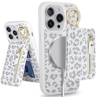 iPhone 13 pro case with Card Holder, iPhone 13 pro Phone Case Wallet for Women magsafe Compatible Wallet Detachable 2-in-1 for Men-White Leopard