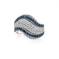 1.41 Cttw Natural White & Color Enhanced Blue Round Diamond Sterling Silver Pave Cocktail Wave Ring Size 8
