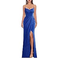 VFSHOW Womens Sexy Formal Ruched Fitted High Slit Bodycon Maxi Dress Spaghetti Strap Sweetheart Cocktail Prom Evening Gown
