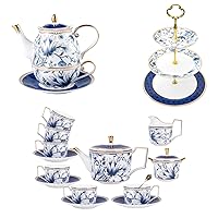 ACMLIFE Tea for One Teapot and Bone China Tea Set for Adults - 21-Piece Blue and White Porcelain Tea Set for 6 with Porcelain Cake Stand