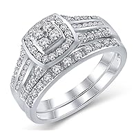 925 Sterling Silver 0.50 cttw Diamond Cushion-Style Three Row Bridal Engagement Ring Set for Women (Color I-J, Clarity I3)