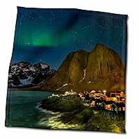 3dRose Norway, Lofoten Islands. Aurora Borealis Above Hamnoy in Reine. - Towels (twl-380445-3)