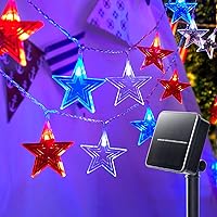 Brightown Red White Blue Star String Lights Solar Powered - 25 ft 50 LED 4th of July Patriotic Star Fairy Lights with 8 Modes for Independence Day Garden Golf Cart Party RV Camper Memorial Day Décor