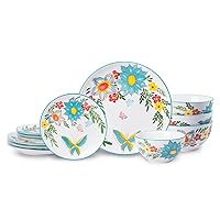 HomePop Ceramic 12-Pieces Dinnerware Sets,Dish Plates and Bowls Sets - Red