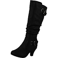TOP Moda BAG-55 Women's Knee High Buckle Slouched Kitten Heel Boots