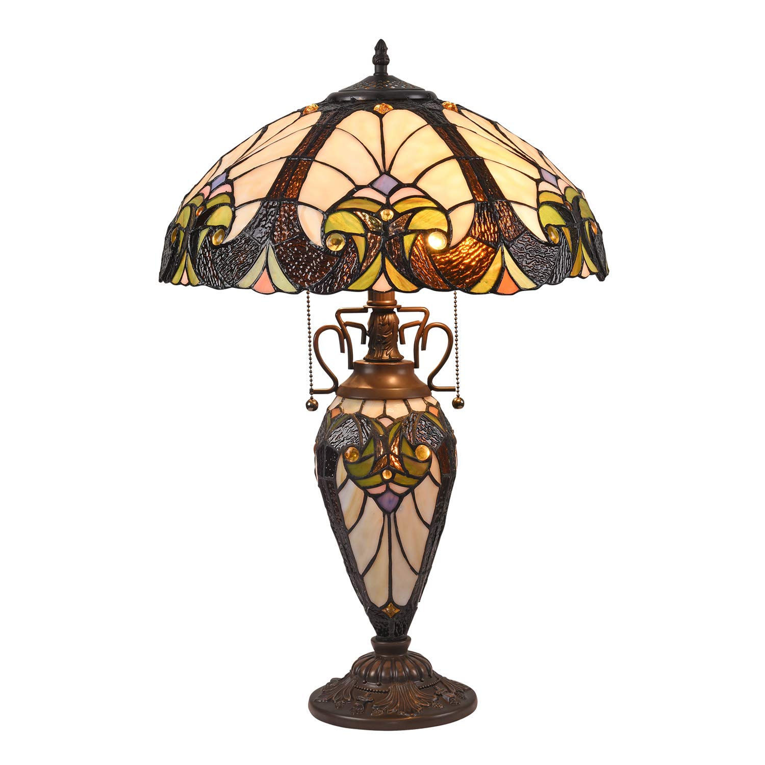 Cotoss Tiffany Table Lamp Night Light 16" Wide Handmade Stained Glass Lamp Shade 3 Light Amber Cream Victorian Style Vintage Table Lamp for Hom...