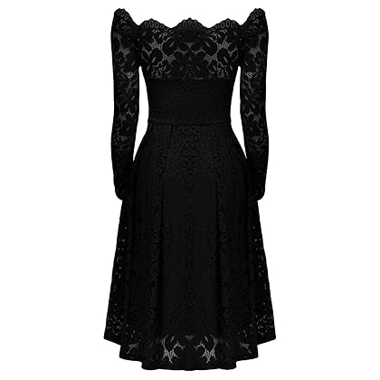 MISSMAY Women's Vintage Floral Lace Long Sleeve Boat Neck Cocktail Party Swing Dress