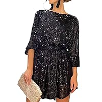 Women's Glitter Sequin Mini Dress Long Sleeve Sparkly Casual Short Dress Cocktail Birthday Party Dress with Belt