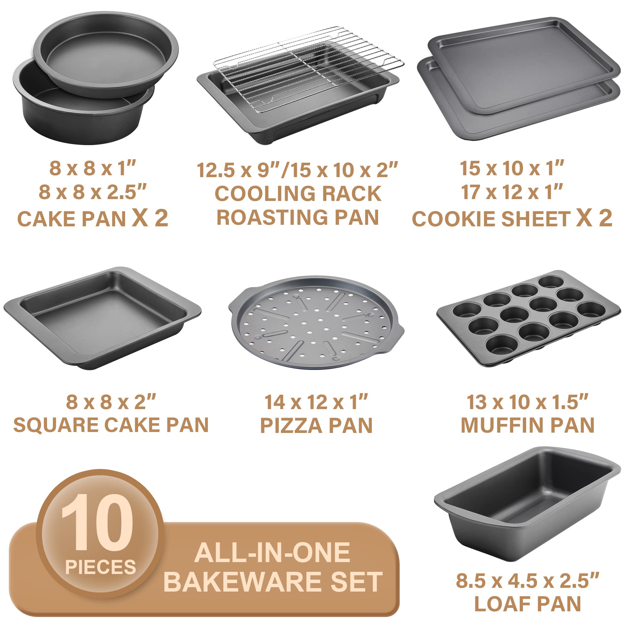 HONGBAKE Bakeware Sets, Baking Pans Set, Nonstick Oven Pan for Kitchen with Wider Grips, 10-Pieces Including Rack, Cookie Sheet, Cake Pans, Loaf Pan, Muffin Pan, Pizza Pan - Grey