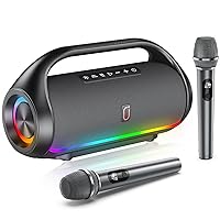 Karaoke Machine with 2 Wireless Microphones, Portable PA System Bluetooth Speaker with Disco Lights for Home Parties, Camping, Gatherings, Karaoke Machine for Kids and Adults