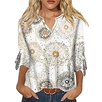 Womens 3/4 Sleeve Summer Tops,Fall Ladies Tops and Blouses 3/4 Sleeve Blouse Casual V-Neck Printed Bell 3/4 Sleeve T-Shirt
