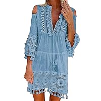 XJYIOEWT Lace Dress,Ladies Lace Tassel Hollow Stitching Sunscreen Blouse Casual Dress Beaded Lace Dress