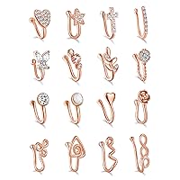 Akeoqi 16-24Pcs African Faux Nose Cuff Non Piercing Inlaid Cubic Zirconia Clip on Nose Ring Star flower Leaf Heart Shape Nose Ring Fake Nose Cuff for Women Silver Gold Rose Gold Tone