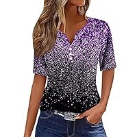 Plus Size Tops for Women Boho Print Graphic T-Shirt Casual Short Sleeve Button Down Blouse Loose Fit V Neck Tunic Tops