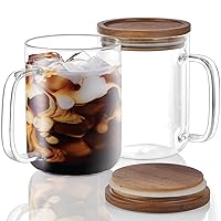 Glass Coffee Mugs, 20 oz Clear Coffee Cups with Acacia Wood Lid, Large Coffee Mug Set of 2, Tea Glass Cups with Handles, Glass Coffee Cups for Latte, Espresso, Tea