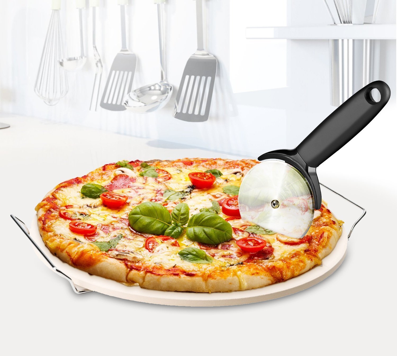 Chef's Star 15 Inch Ceramic Pizza Stone for Oven, Outdoor and Indoor Chrome Plated Serving Rack Pizza Pan with Pizza Cutter