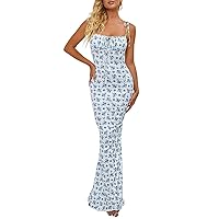 Flower Dress for Women, Women's Floral Slim Bodycon Dresses Tie Front Spaghetti Strap Sleeveless Wrap Long 2024 Boho