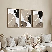 Mid Century Modern Wall Art - Framed Abstract Beige Canvas Brown Black Picture Geometric Painting Prints Comtemporary Aesthetic Artwork Living Room Bedroom Home Decor 16