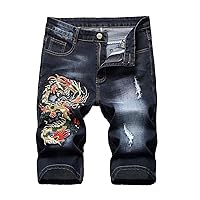 Men's Summer Casual Shorts Jeans,Dragon Pattern Embroidery,Straight Slim Washed,Five Points Denim Pants