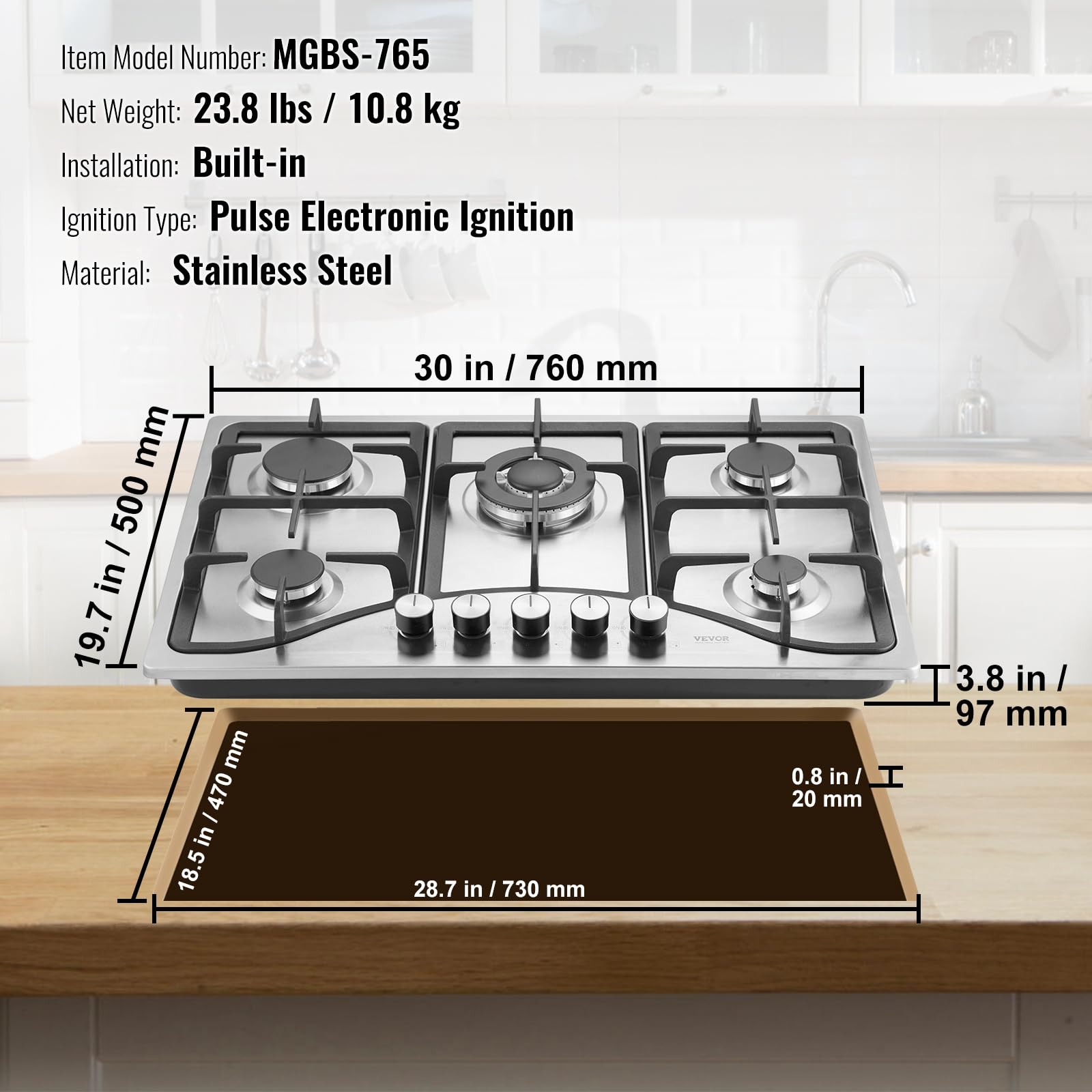 VEVOR 30-inch Gas Cooktop, 5 Burners Built-in Gas Stove Top, Max 12250BTU NG/LPG Convertible Stainless Steel Natural Gas Hob, with Thermocouple Protection for Camping, RV, Apartment