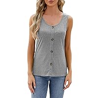 Cute Tank Tops for Women Trendy，Womens Summer Sleeveless Casual Solid Basic T Shirts Button Scoop Neck Tanks Blouse