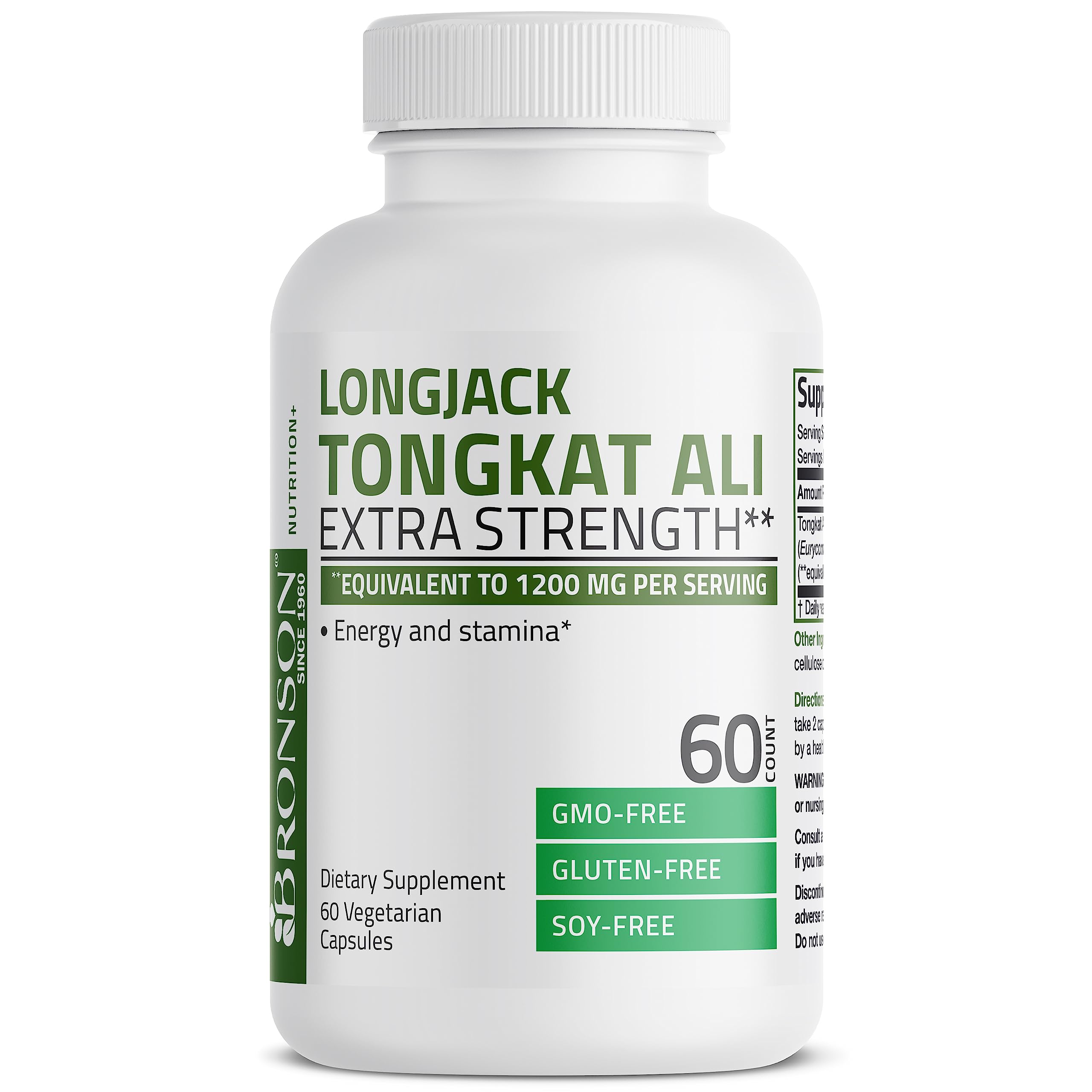 Bronson Longjack Tongkat Ali 1200mg Extra Strength 1200mg Per Serving, Supports Energy, Non-GMO, 60 Vegetarian Capsules