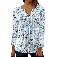 Women Gym Tops, Color Block Tunic Tops for Women Floral Print Crewneck Casual Blouse Buttons Pleated Short Sleeve Loose