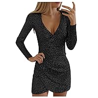 Formal Dresses for Women Long Sleeve Mini Dress Sparkly Dresses Sexy V Neck Bodycon Elegant Trendy Solid Color Casual Plus Size Dress for Dinner Date Night Wedding Guest Black XL