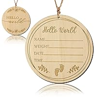 LUTER Baby Announcement Sign, 3.9 inch Hello World Newborn Sign with a Hemp Rope Round Wooden Milestone Baby Announcement Sign for Newborn Photo Props