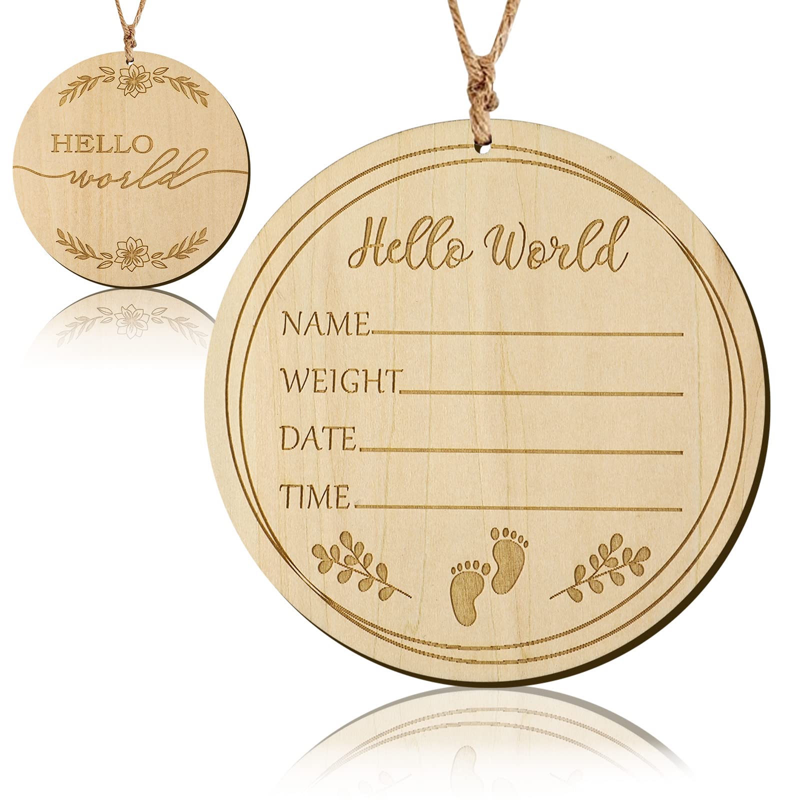 LUTER Baby Announcement Sign, 5.9inch Hello World Newborn Sign with a Hemp Rope Round Wooden Milestone Baby Announcement Sign for Newborn Photo Props