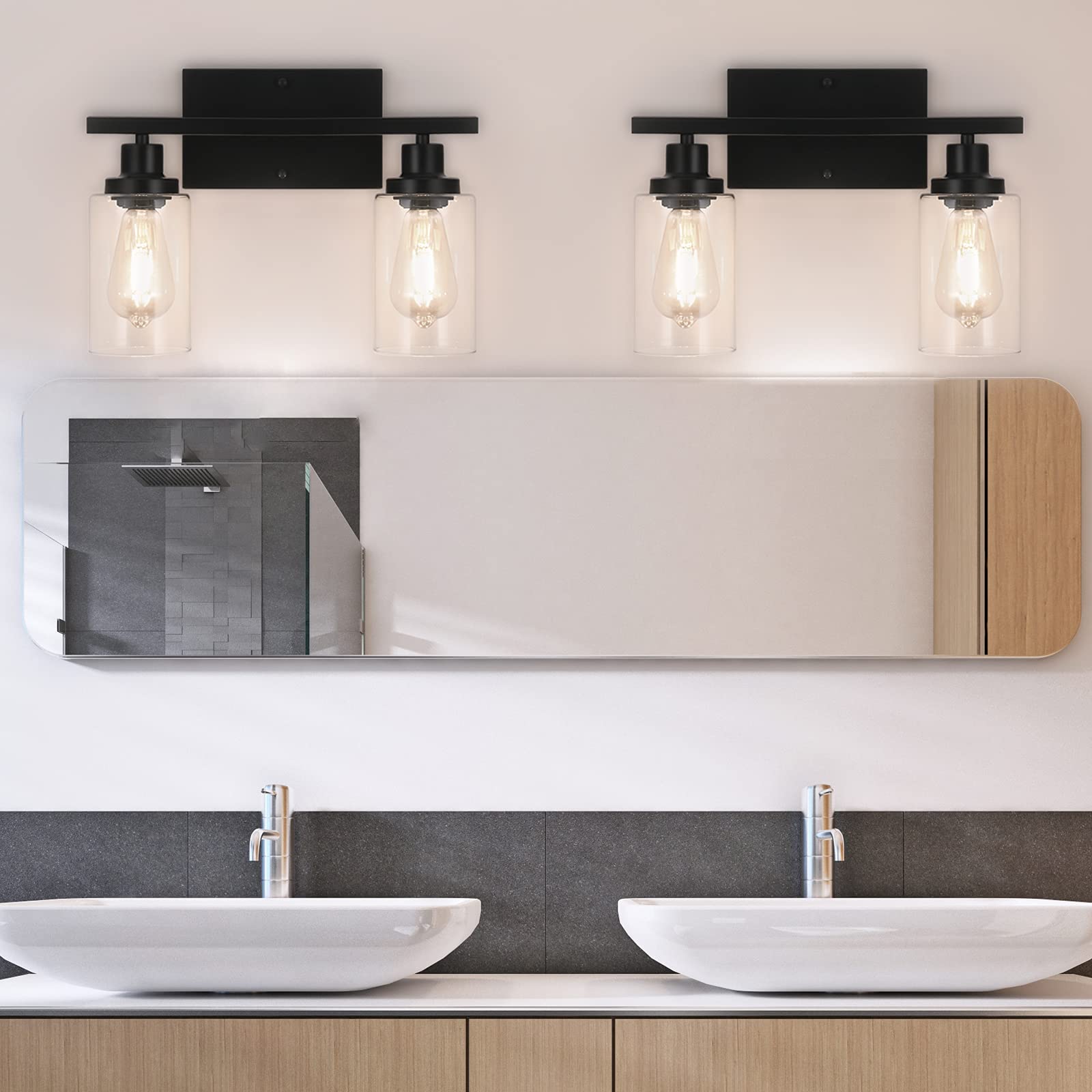 ABEAJAT Bathroom Vanity Light Fixtures, 2 Light Wall Sconces Lighting Bathroom Lights with Clear Glass Shades, Bath Wall Lights Wall Lamp for Mirror, Kitchen, Living Room, Bedroom, Hallway (Black)