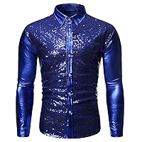 Men's Luxury Silver Sequins Long Sleeve Dress Shirt 70s Disco Styles Party Costume Hip Hop Disco Party Cosplay