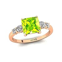 Women's Ring, Green Peridot 18kt Gemstone Birthsone Ring, 7MM PRINCESS Shape with 4 Diamond/Jewellery for Women