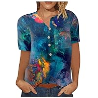 Cute Summer Tops for Women 2023 Short Sleeve V Neck Oversized College Cute Spring with Buttons Baggy Print Tees
