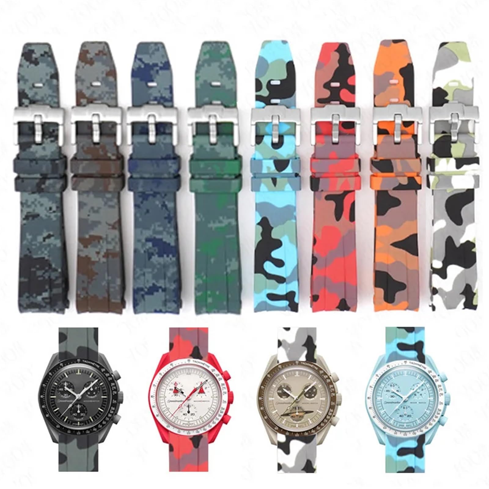KGFCE Camouflage Strap for Omega for Swatch MoonSwatch Curved End Silicone Rubber Bracelet Men Women Sport Watch Band Accessorie 20mm