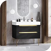 HERNEST Bathroom Vanity with Sink 35.4in Freestanding Bathroom Cabinet Glossy Storage Vanity Under Unit with Ceramic Basin Sink and Dresser Black