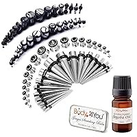 BodyJ4You 72PC Gauges Kit Aftercare Balm Jojoba Oil Wax 14G-00G Black White Marble Acrylic Plugs Steel Tapers