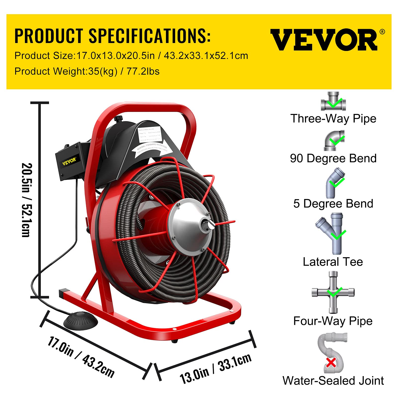 VEVOR 75FT x 1/2 Inch Drain Cleaning Machine 370W Sewer Snake Auger Cleaner Electric Clog Remover Plumbing Tool with 4 Cutters & Air-Activated Foot Switch for 1