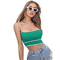 Women's Shirts Women's Tops Shirts for Women Ribbed Crop Knit Top (Color : Green, Size : Large)