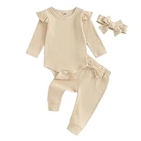 Kupretty Baby Girl Clothes Knitted Ribbed Solid Long Sleeve Romper + Bowknot Pants + Headband Newborn Infant Clothing Set