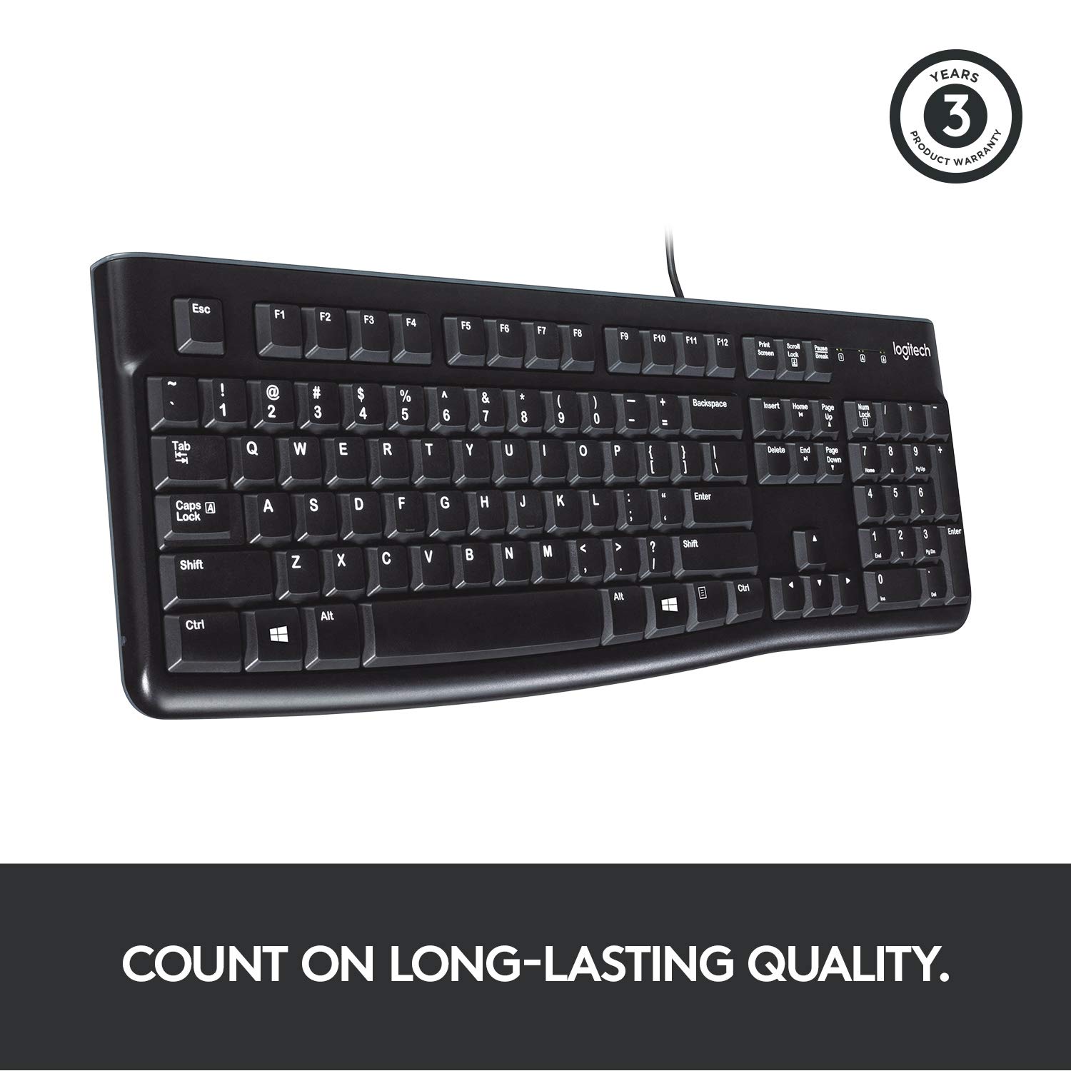 Logitech K120 Wired Keyboard for Windows, Plug and Play, Full-Size, Spill-Resistant, Curved Space Bar, Compatible with PC, Laptop - Black