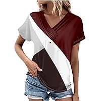 Summer Clothes for Women 2024 Vintage Tops for Women Summer Print Casual Fashion Button Patchwork with Short Sleeve V Neck Ruched Blouses Wine Small