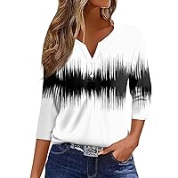 Casual Henley Shirts for Women,3/4 Length Sleeve Womens Tops Button Henley V Neck Shirts Henley 2024 Summer Blouses Dressy Fashion Print Clothes Ladies 3/4 Sleeve Tops