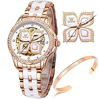 OLEVS Women Watches Automatic Rose Gold Diamond Skeleton Luminous Elegant Colorful Butterfly Stainless Steel Ceramic Strap Butterfly Gift Set for Ladies