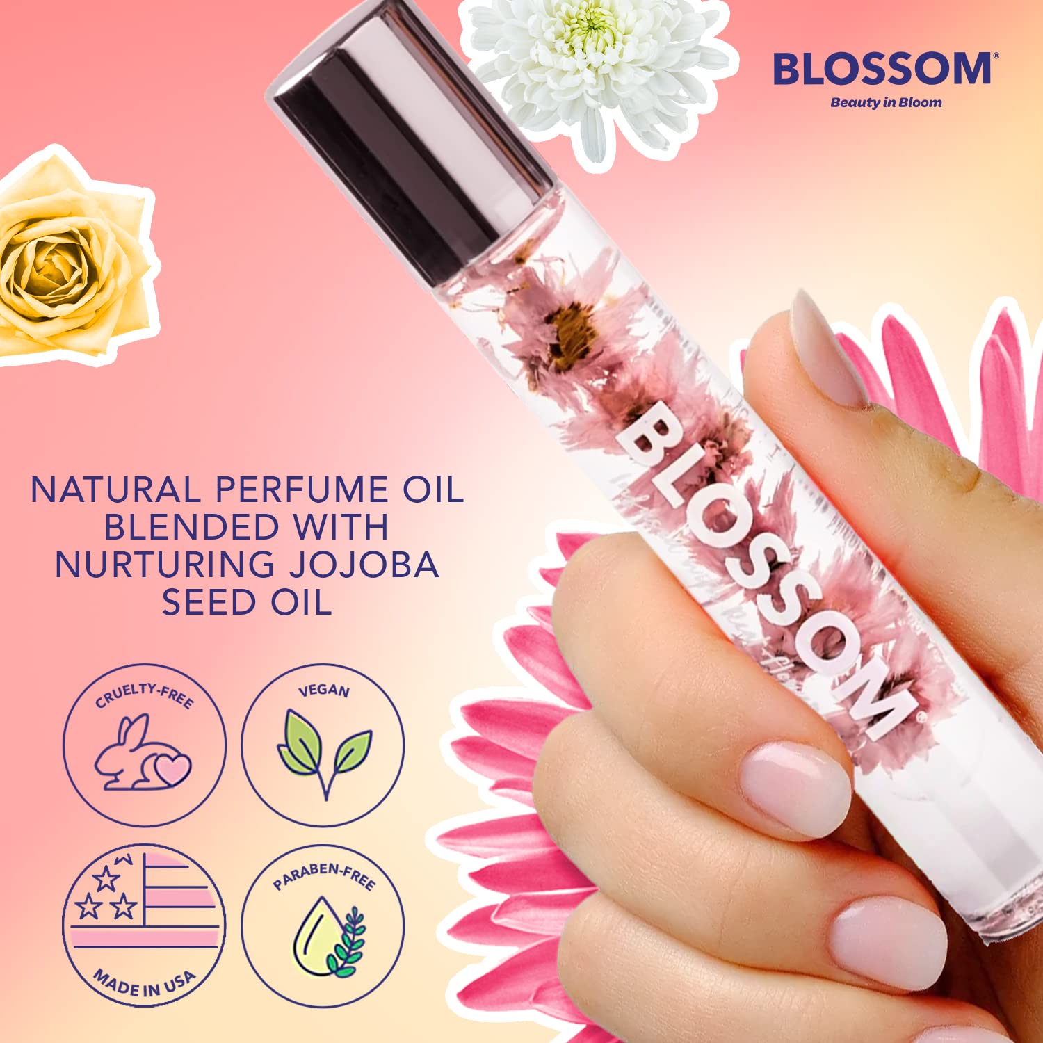 Blossom Hydrating, Scented Cuticle Oil + All Natural Rollerball Perfume Oil, Made in USA, Infused with Real Flowers, 2 Pack Bundle, Rose/Patchouli Rose
