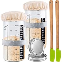 1000ML Sourdough Starter Jar Wide Mouth 2 Pack with Thermometer Strip, Silicone Scraper, Cloth Cover, Aluminum Lid and Feeding Band, 35 Oz Sourdough Starter Jar Kit for Sourdough Bread Baking