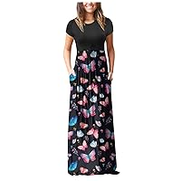 Women's Casual Dress Chic Vintage Ethnic Printed Long Dress Crewneck Short Sleeve with Pocket Summer Sundress Daily Wear Streetwear(2-Pink,6) 0891