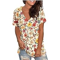Shirts for Women Fall Summer Short Sleeve V Neck Floral Graphic Loose Fit Long Tops Shirt Blouse Women 2024 Y2K
