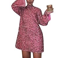 Women's Summer Dress Round Neck Long Sleeve Sparkling Sequin Dress Backless Bow Sexy and Cute Party Dress, XS-XL